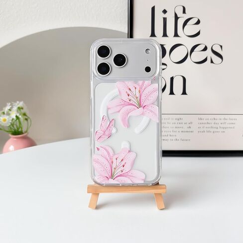 NITITOP Compatible for iPhone 17 Pro Max Case Clear Magnetic Compatible with MagSafe Cute Lily Flowers Floral for Women Girls Hard PC Back Shockproof Protective Phone Cover - Pink in Saudi Arabia