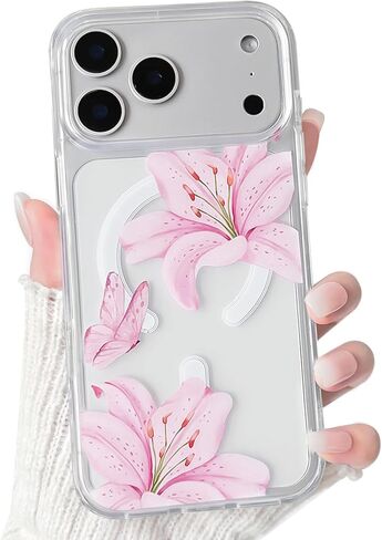 NITITOP Compatible for iPhone 17 Pro Max Case Clear Magnetic Compatible with MagSafe Cute Lily Flowers Floral for Women Girls Hard PC Back Shockproof Protective Phone Cover - Pink in Saudi Arabia