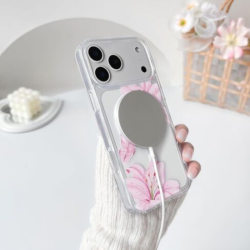 NITITOP Compatible for iPhone 17 Pro Max Case Clear Magnetic Compatible with MagSafe Cute Lily Flowers Floral for Women Girls Hard PC Back Shockproof Protective Phone Cover - Pink in Saudi Arabia