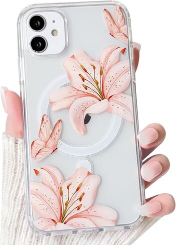 NITITOP Compatible for iPhone 17 Pro Max Case Clear Magnetic Compatible with MagSafe Cute Lily Flowers Floral for Women Girls Hard PC Back Shockproof Protective Phone Cover - Pink in Saudi Arabia