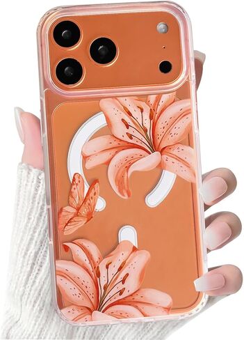 NITITOP Compatible for iPhone 17 Pro Max Case Clear Magnetic Compatible with MagSafe Cute Lily Flowers Floral for Women Girls Hard PC Back Shockproof Protective Phone Cover - Pink in Saudi Arabia