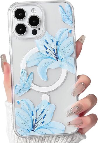 NITITOP Compatible for iPhone 17 Pro Max Case Clear Magnetic Compatible with MagSafe Cute Lily Flowers Floral for Women Girls Hard PC Back Shockproof Protective Phone Cover - Pink in Saudi Arabia