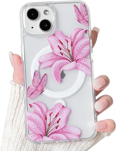 NITITOP Compatible for iPhone 17 Pro Max Case Clear Magnetic Compatible with MagSafe Cute Lily Flowers Floral for Women Girls Hard PC Back Shockproof Protective Phone Cover - Pink in Saudi Arabia