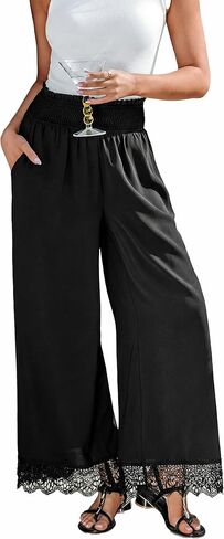CUPSHE Women's Lace Trim Wide Leg Pants, Spring Summer High Waist Smocked Palazzo Casual Beach Pants with Pockets in Saudi Arabia