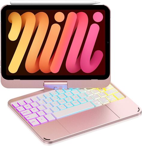 حافظة لوحة مفاتيح Cousper لجهاز iPad mini 7 A17 Pro 2024/6 Generation 2021 8.3 بوصة مع لوحة تتبع متعددة اللمس، غطاء دوار 360 درجة مع لوحة مفاتيح بإضاءة خلفية قوس قزح لجهاز iPad mini 7/6th Gen، أبيض فضي in Kuwait