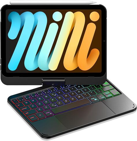 حافظة لوحة مفاتيح Cousper لجهاز iPad mini 7 A17 Pro 2024/6 Generation 2021 8.3 بوصة مع لوحة تتبع متعددة اللمس، غطاء دوار 360 درجة مع لوحة مفاتيح بإضاءة خلفية قوس قزح لجهاز iPad mini 7/6th Gen، أبيض فضي in Kuwait