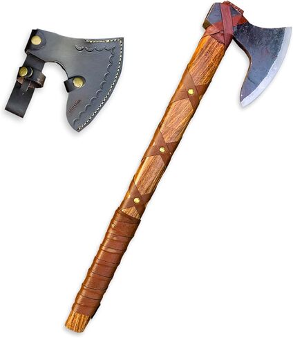 فأس من طراز Ragnar Lothbrok Viking مع شفرة من الفولاذ الكربوني المُشكل، ومقبض مصنوع يدويًا من خشب الورد وغمد جلدي مزخرف | هدية رائعة مستوحاة من نورس للرجال in Kuwait