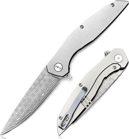 سكين جيب دمشقي قابل للطي من TACTICAL GEARZ EDC، مقبض من التيتانيوم الصلب، 67 شفرة VG10 من الفولاذ الدمشقي متعددة الطبقات (Volan XT) in Kuwait