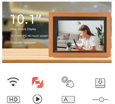 10.1 Inch Digital Picture Frame, 1280 x 800 IPS HD Touch Screen Smart Cloud Digital Photo Frame with 12GB Memory, Auto Rotating, Share Moments via Frameo APP(Brown Wood) in Saudi Arabia