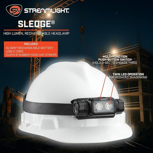 Streamlight 89019 Sledge 1000-Lumen Max 600-Lumen Standard 1800-Candela مصباح أمامي LED منخفض الحجم قابل لإعادة الشحن مع أشرطة قبعة صلبة مرنة ومطاطية، أسود in Saudi Arabia