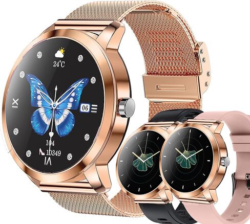 ساعة ذكية (الرد/إجراء المكالمات) للنساء، ساعة ذكية AMOLED مقاس 1.27 بوصة لهواتف Android iPhone، متتبع النشاط مع مراقب ضغط الدم ومعدل ضربات القلب والنوم SpO2، جهاز تتبع اللياقة البدنية IP68+ 100 رياضي (ذهبي) in Kuwait