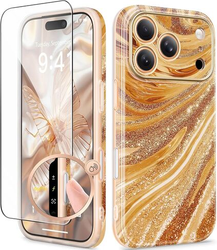 GVIEWIN for iPhone 17 Pro Case Compatible with MagSafe, with Screen Protector [Full Camera Protection] Military-Grade Shockproof Slim Magnetic Marble Phone Case for 17 Pro 6.3", A-Pearlescent/Gold in Saudi Arabia
