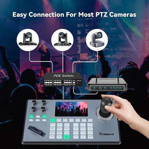 مجموعة/مجموعات كاميرا Tenveo PTZ - كاميرا PTZ للتتبع التلقائي 20X AI (قطعتان) مع HDMI/USB3.0/LAN(PoE)، وحدة تحكم عصا التحكم NDI PTZ وخلاط محول فيديو 4K HDMI + SDI للبث المباشر لعبادة الكنيسة in Kuwait