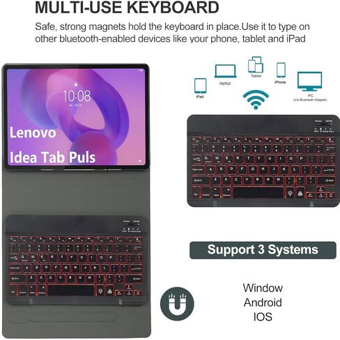 حافظة لوحة مفاتيح لجهاز Lenovo Idea Tab Plus مقاس 12.1 بوصة/Tab K12 2025 موديل (TB361ZU/TB361FU)، لوحة مفاتيح بلوتوث مغناطيسية قابلة للفصل بـ 7 ألوان، غطاء حماية رفيع للغاية وماوس، أسود in Kuwait