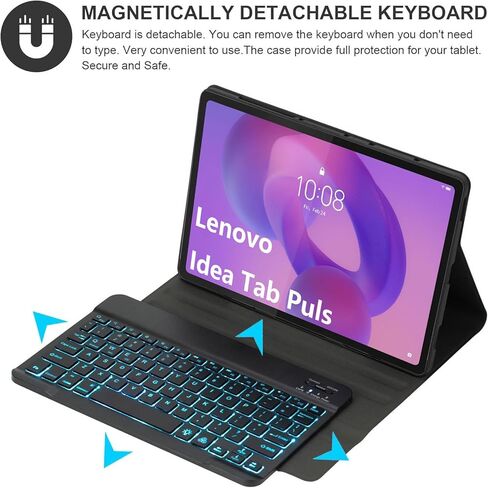 حافظة لوحة مفاتيح لجهاز Lenovo Idea Tab Plus مقاس 12.1 بوصة/Tab K12 2025 موديل (TB361ZU/TB361FU)، لوحة مفاتيح بلوتوث مغناطيسية قابلة للفصل بـ 7 ألوان، غطاء حماية رفيع للغاية وماوس، أسود in Kuwait