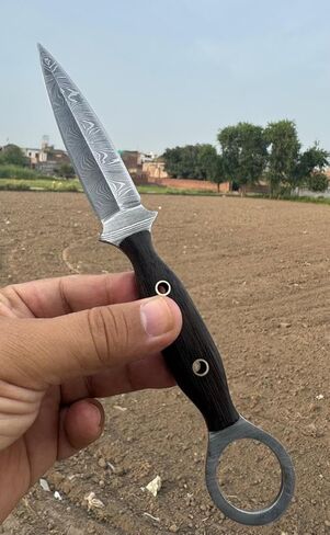 Handmade Small Fixed Blade Double Edge Knife Edc Damascus Steel 8.5 in for Hunting with Leather Sheath Wood Handle in Saudi Arabia