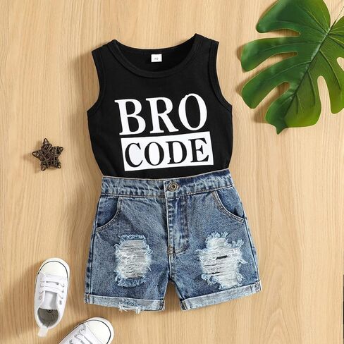Toddler Baby Boy Summer Outfit Clothes Sleeveless Letter Print Vest Tank Tops Ripped Denim Jeans Shorts Set in Saudi Arabia
