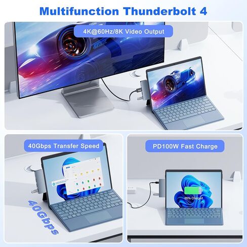 محول محور Surface Pro 11، محطة إرساء Microsoft Surface Pro 9/10/11/X مع HDMI 4K، USB C Thunderbolt 4 (شاشة 8K + بيانات 40 جيجابت في الثانية + 100 واط PD)، USB 3.0/2.0 - محول USB C Hub لجهاز Surface Pro 11/10/9/X in Kuwait