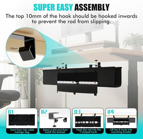 No Drill Under Desk Cable Management Tray - 36" Premium Fabric Cord Organizer for Table - with Silicone Pads & Cable Ties & Sticky Notes - Supports Up to 30lbs for Office & Home in Saudi Arabia