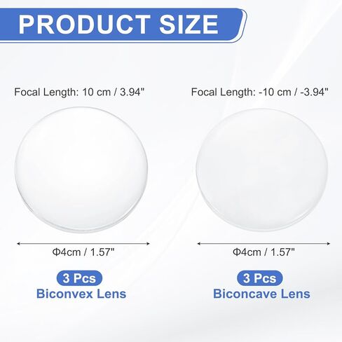 PATIKIL 6 Pack Optical Lens Set, 4 cm Glass Lenses (3 Biconvex 10 cm Focal Length & 3 Biconcave -10 cm Focal Length) for Physics Science Education DIY Telescope Microscope Experiments in Kuwait