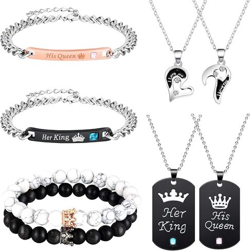 Hicarer 8 Pcs Couples Necklace Bracelet Matching Long Distance Touch Necklace Her King His Queen I Love You Necklaces Jewelry Set for Bf Gf Women Men Wedding Bridal Gift(Attractive Style) in Saudi Arabia