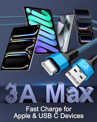سلك شاحن USB C كابل شحن سريع بطول 10 أقدام USB A إلى نوع C سلك طاقة لهاتف Samsung S25 Edge S24 Ultra Z Trifold Fold7 Flip7 A17 A11 Pixel 10 Pro XL Apple iPhone 17 Air 16e 16 Pro Max 16 Plus 15 in Kuwait