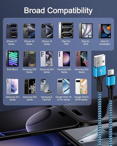 سلك شاحن USB C كابل شحن سريع بطول 10 أقدام USB A إلى نوع C سلك طاقة لهاتف Samsung S25 Edge S24 Ultra Z Trifold Fold7 Flip7 A17 A11 Pixel 10 Pro XL Apple iPhone 17 Air 16e 16 Pro Max 16 Plus 15 in Kuwait