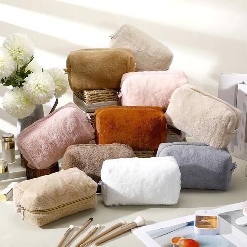 Paterr 10 Pcs Valentine Plush Makeup Bag Bulk Gift for Women Coworkers Preppy Fleece Makeup Pouch Cosmetic Bag Fuzzy Zipper Travel Toiletry Pouch for Wedding Bachelorette(Classic Color) in Saudi Arabia