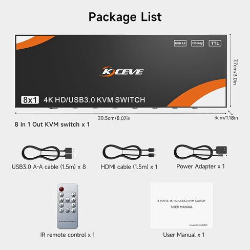 مفتاح KVM 8 أجهزة كمبيوتر 1 شاشة HDMI 4K@60 هرتز محاكاة EDID، USB 3.0 HDMI KVM Switch لـ 8 أجهزة كمبيوتر مشاركة شاشة واحدة و4 أجهزة USB، مفاتيح KVM مع جهاز تحكم عن بعد سلكي صوتي بقوة 12 فولت in Kuwait