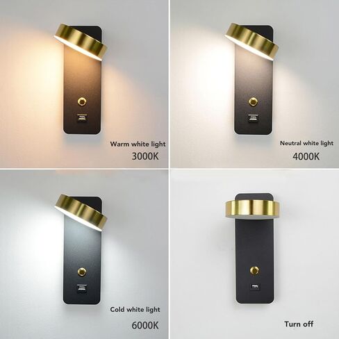 مصباح جداري بجانب السرير LED حديث قابل للتعديل قابل للتدوير 3 ألوان لقراءة درجة الحرارة مع منفذ شحن USB لغرفة النوم وغرفة المعيشة مادة حديدية 9 وات 662 جرام in Kuwait
