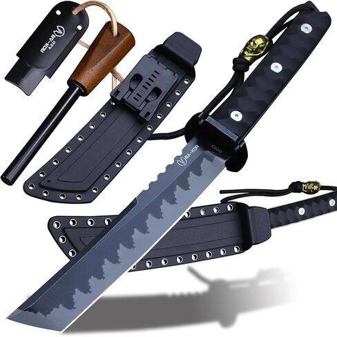 BA-KOR 15.8in Full Tang Japanese Style Outdoor Knife –8mm DC53 Steel, Nylon Fiber Handle &Sheath, Hunting Survival Knife+(5.9in) cerium igniter (Black handle and black blade (8mm)) in Saudi Arabia