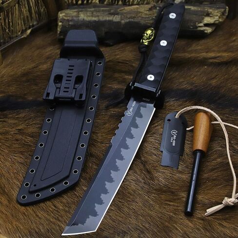 BA-KOR 15.8in Full Tang Japanese Style Outdoor Knife –8mm DC53 Steel, Nylon Fiber Handle &Sheath, Hunting Survival Knife+(5.9in) cerium igniter (Black handle and black blade (8mm)) in Saudi Arabia