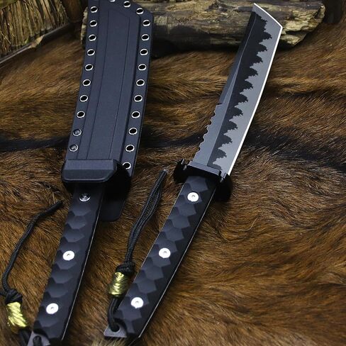 BA-KOR 15.8in Full Tang Japanese Style Outdoor Knife –8mm DC53 Steel, Nylon Fiber Handle &Sheath, Hunting Survival Knife+(5.9in) cerium igniter (Black handle and black blade (8mm)) in Saudi Arabia