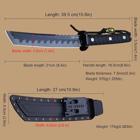 BA-KOR 15.8in Full Tang Japanese Style Outdoor Knife –8mm DC53 Steel, Nylon Fiber Handle &Sheath, Hunting Survival Knife+(5.9in) cerium igniter (Black handle and black blade (8mm)) in Saudi Arabia