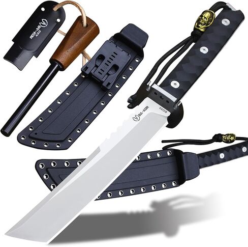 BA-KOR 15.8in Full Tang Japanese Style Outdoor Knife –8mm DC53 Steel, Nylon Fiber Handle &Sheath, Hunting Survival Knife+(5.9in) cerium igniter (Black handle and black blade (8mm)) in Saudi Arabia