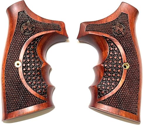 Hardwood Handgun Grips Compatible with Smith and Wesson N Frame Round Butt Revolvers Finger Groove Checkered Design Deluxe Classic Handmade Craft Handcraft in Kuwait