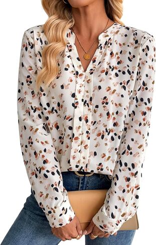 Avanova Women Solid V Neck Tops Long Sleeve Shirts Work Blouses Beige Medium in Saudi Arabia