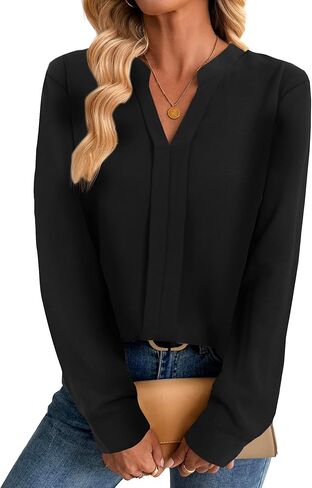 Avanova Women Solid V Neck Tops Long Sleeve Shirts Work Blouses Beige Medium in Saudi Arabia