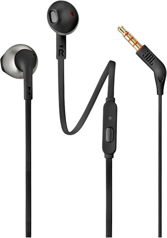 JBL Tune 205 - سماعات أذن سلكية مريحة ومريحة، صوت جهير نقي، كابل مسطح مقاوم للتشابك مع جهاز تحكم عن بعد بزر واحد وميكروفون (أسود) in Kuwait