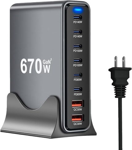 كتلة شاحن سريع USB C بقدرة 670 وات، محطة شحن USB GaN III بـ 8 منافذ، محور مزدوج 140 وات PD PPS لأجهزة متعددة، محول كمبيوتر محمول متوافق مع MacBook Pro/Air iPad iPhone Pro Max وGalaxy وDell وHP in Saudi Arabia