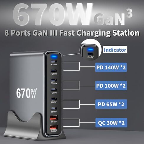 670W USB C Fast Charger Block, 8 Ports GaN III USB Chagring Station, Dual 140W PD PPS HUB for Multiple Devices, Laptop Adapter Compatible with MacBook Pro/Air iPad iPhone Pro Max, Galaxy, Dell, HP in Saudi Arabia