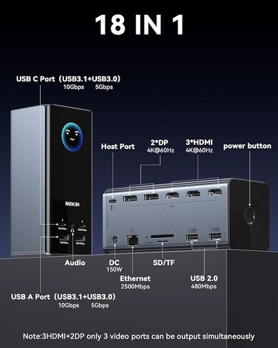 MOKiN Smart LED Docking Station,18-Port USB C Docking Station Triple Display with 3HDMI+2DP,150W Max, Smart Display, Triple 4K 60Hz, 10Gbps USB Ports, Gigabit Ethernet, for macOS and Windows in Saudi Arabia