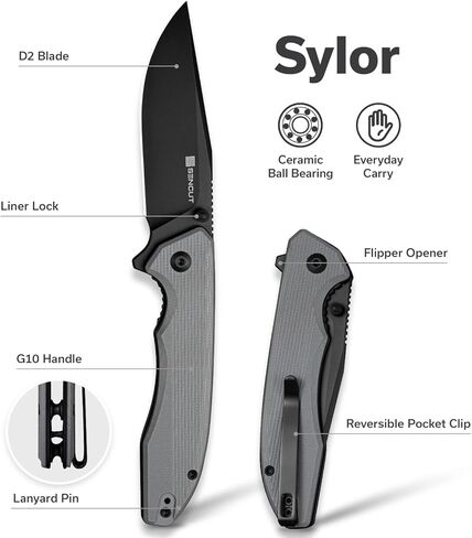 سكين جيب SENCUT Sylor للرجال والنساء، سكين EDC قابل للطي مع شفرة D2 بمقبض G10، سكاكين قفل بطانة S25056-1 (رمادي) in Kuwait