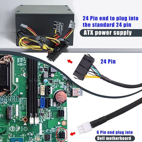 Desktop ATX Power Supply Adapter Cable,24-Pin to 6-Pin Square Connector,30CM Braided 18AWG,Compatible with Inspiron/Optiplex/VOSTRO in Saudi Arabia