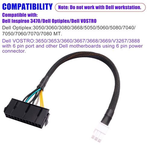 Desktop ATX Power Supply Adapter Cable,24-Pin to 6-Pin Square Connector,30CM Braided 18AWG,Compatible with Inspiron/Optiplex/VOSTRO in Saudi Arabia