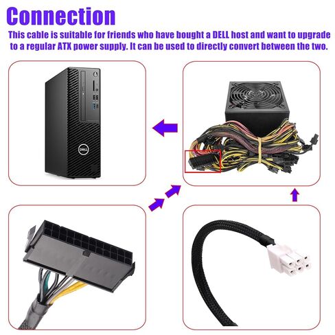 Desktop ATX Power Supply Adapter Cable,24-Pin to 6-Pin Square Connector,30CM Braided 18AWG,Compatible with Inspiron/Optiplex/VOSTRO in Saudi Arabia