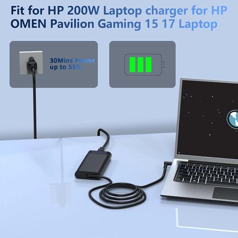 شاحن كمبيوتر محمول 200 وات شاحن HP Victus، محول طاقة تيار متردد أزرق 4.5*3.0 مم لألعاب HP Victus 15، 16 Omen Gaming 15، 17 Pavilion 15، 17 TPN-DA10 L00818-850،10FT، مع كابل طاقة U in Kuwait