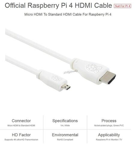 لكابل Raspberry Pi Micro HDMI إلى كابل HDMI القياسي لتوصيل كمبيوتر Pi 4 وشاشة العرض (PI-OFFICIAL-MICRO-HDMI-CABLE-1M) in Kuwait