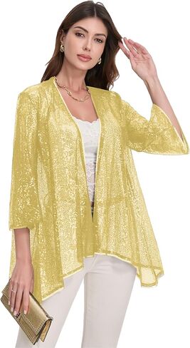 Gidionluck Women's Sequin Open Front Blazer Long Sleeve Cardigan Jacket Shiny plus size in Kuwait
