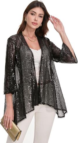 Gidionluck Women's Sequin Open Front Blazer Long Sleeve Cardigan Jacket Shiny plus size in Saudi Arabia